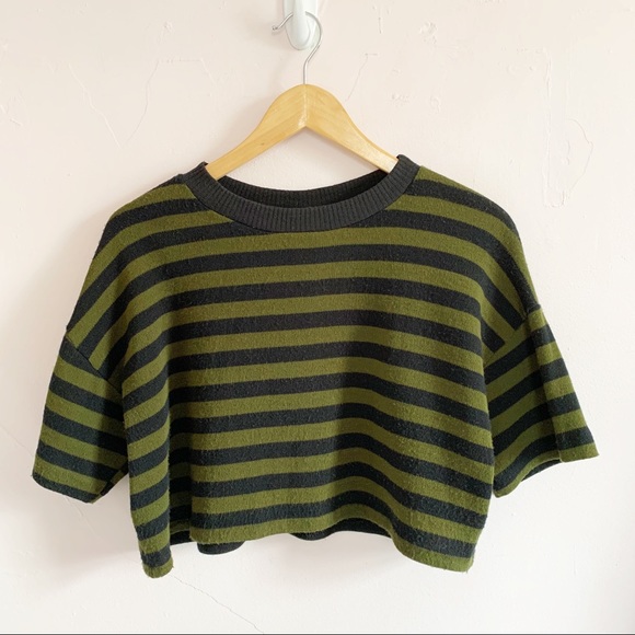 Vintage Tops - Vintage 70s Olive Green & Black Striped Crop top L